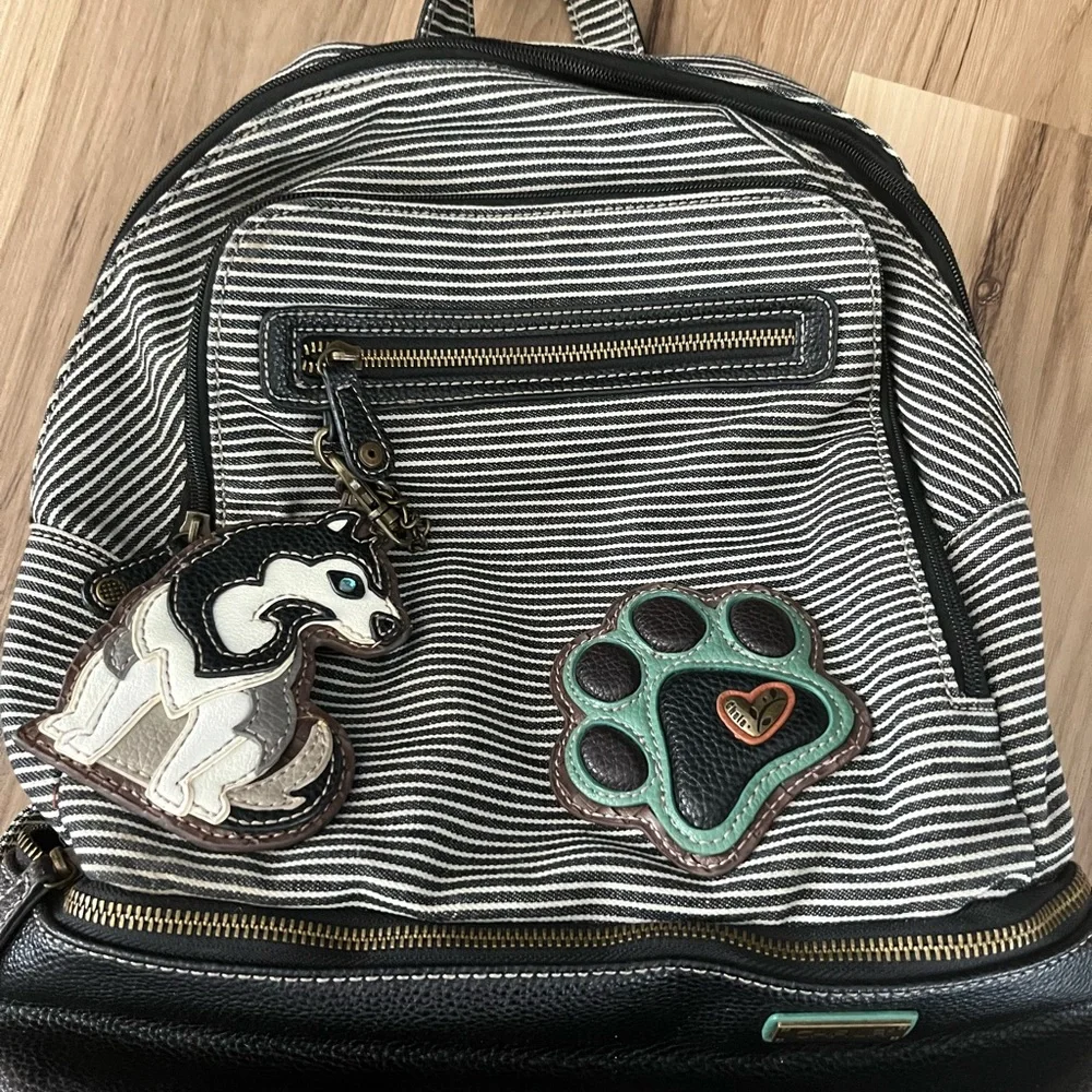 Chala Handbags Backpack Paw Hound Striped Canvas Faux Leather Charms